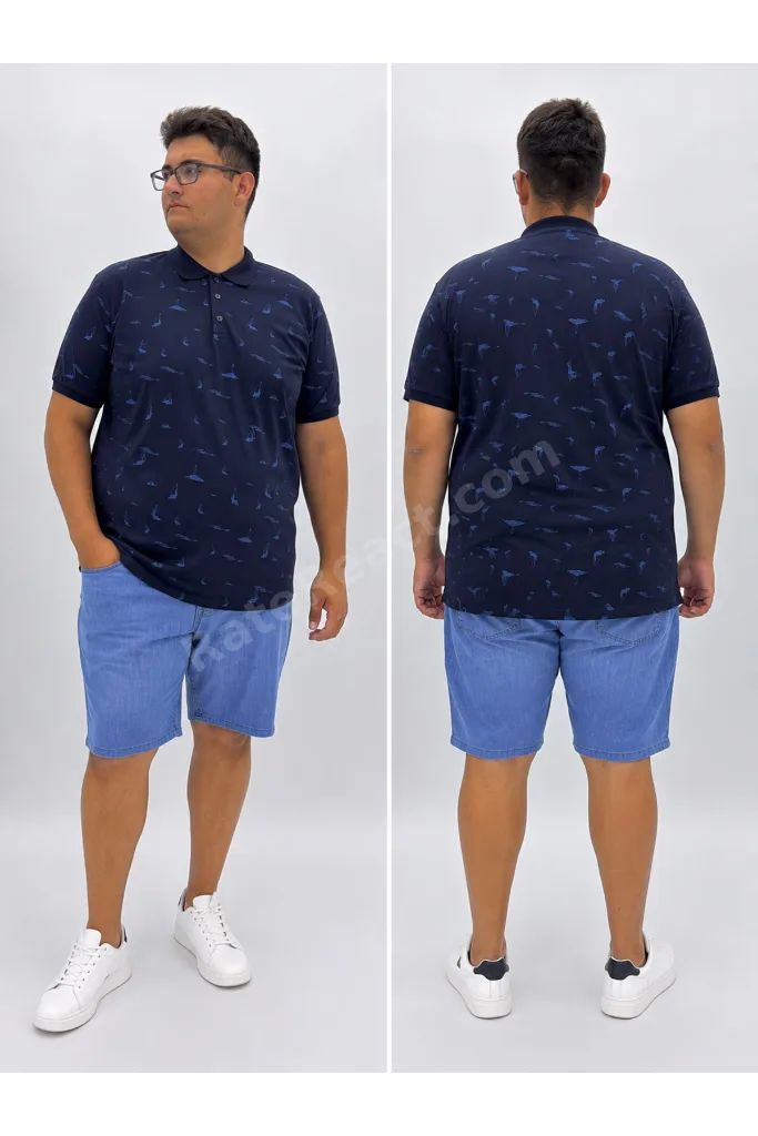 Büyük Beden Polo Yaka Düğmeli Yelken Figür Baskılı Erkek Tshirt