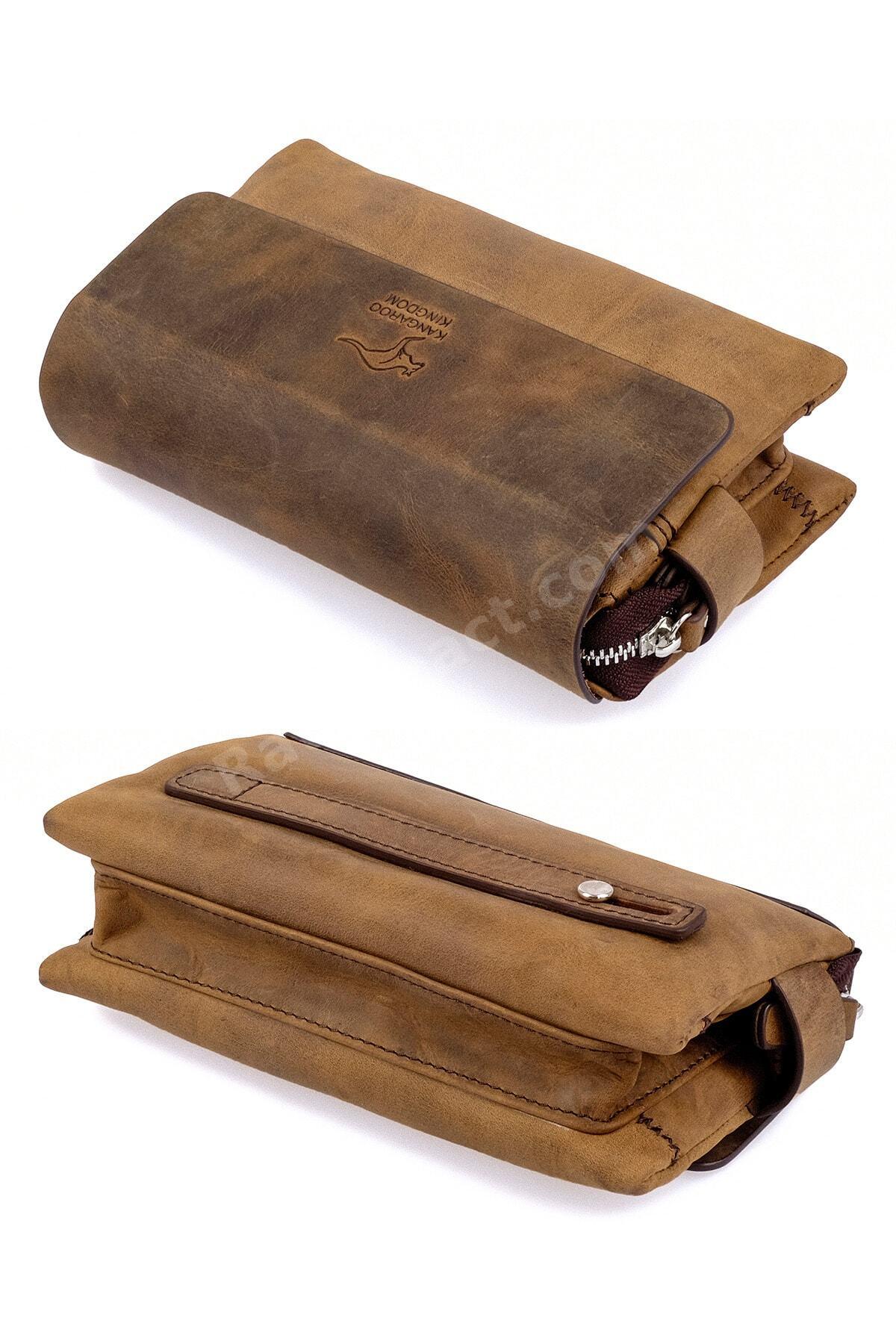 Erkek Portföy El Çantası Clutch Koyu Camel Hakiki Dana Deri Crazy Horse 9288-zkc
