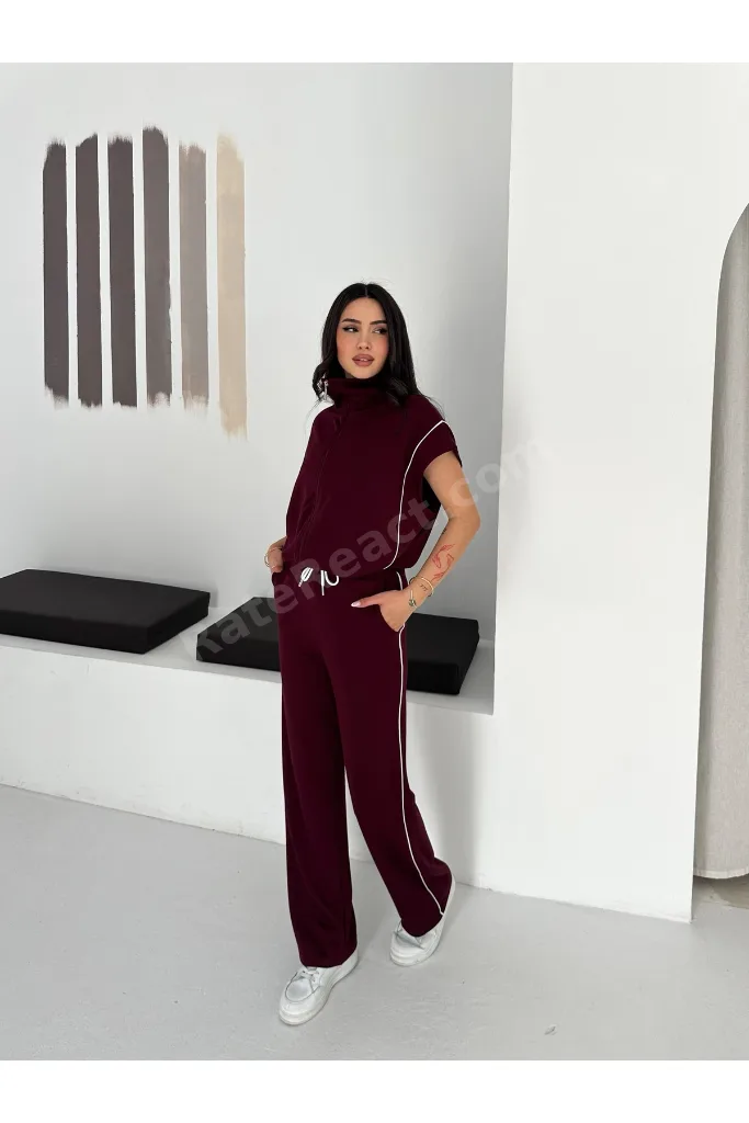 Kadın Modal Kumaş Garnili Sıfır Kol Dik Yaka Oversize Eşofman Takımı