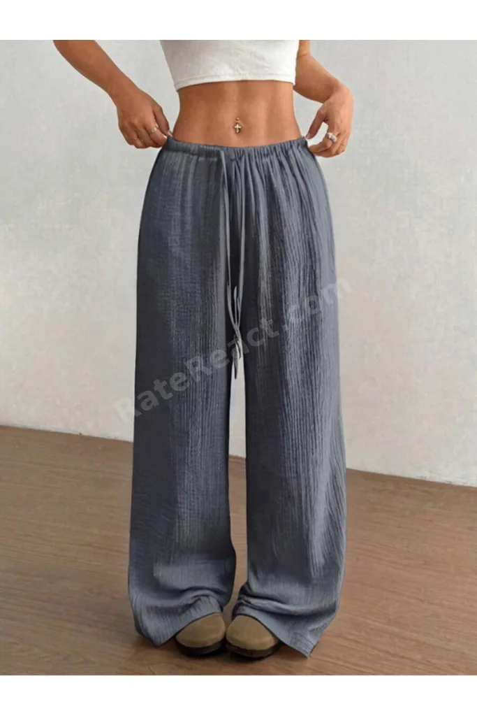 Kadın Bürümcük Kumaş Bel Bağlamalı Dokuma Geniş Paça Pantolon
