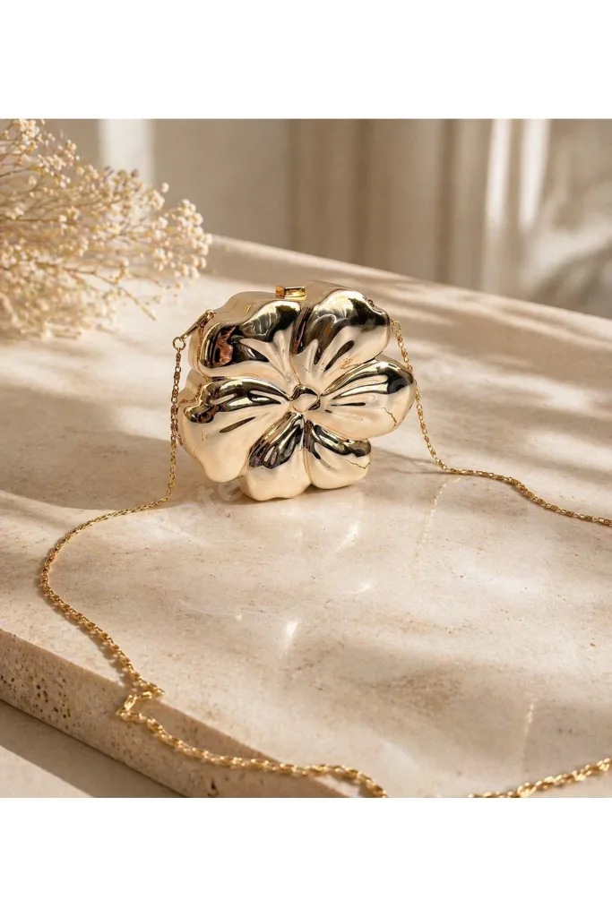 Çiçek model gold abiye çanta