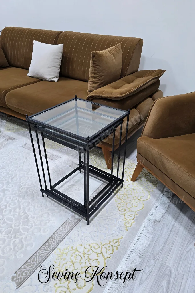 3 lü Vera Black Şeffaf Camlı, Çok Amaçlı Metal Zigon Yan Sehpa