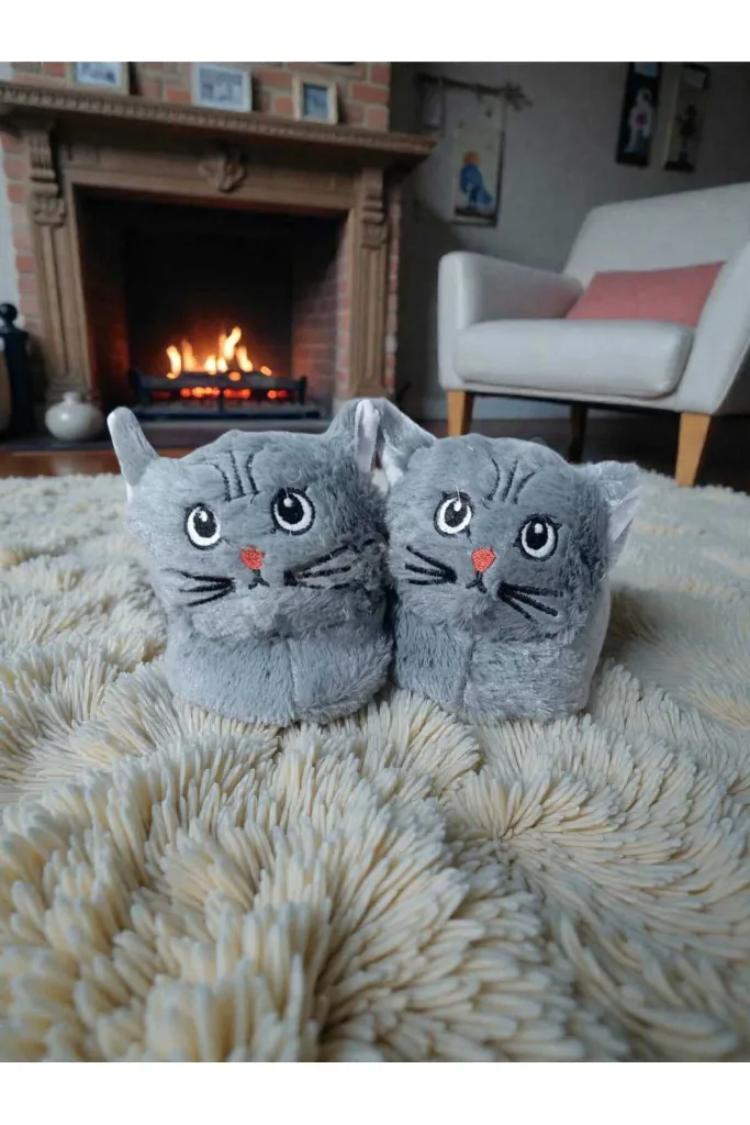 Kedi Panduf Ev Botu Çocuk Tuylu Peluş Yumuşak Kaymaz Tabanlı Hayvan Figürlü