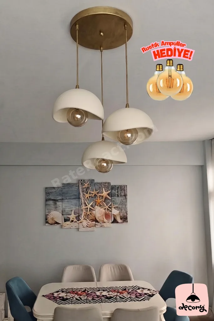 Beton Görünümlü 3'lü Sarkıt Avize, İskandinav Tarzı Bohem Sarkıt Avize (Bioplastik) E27
