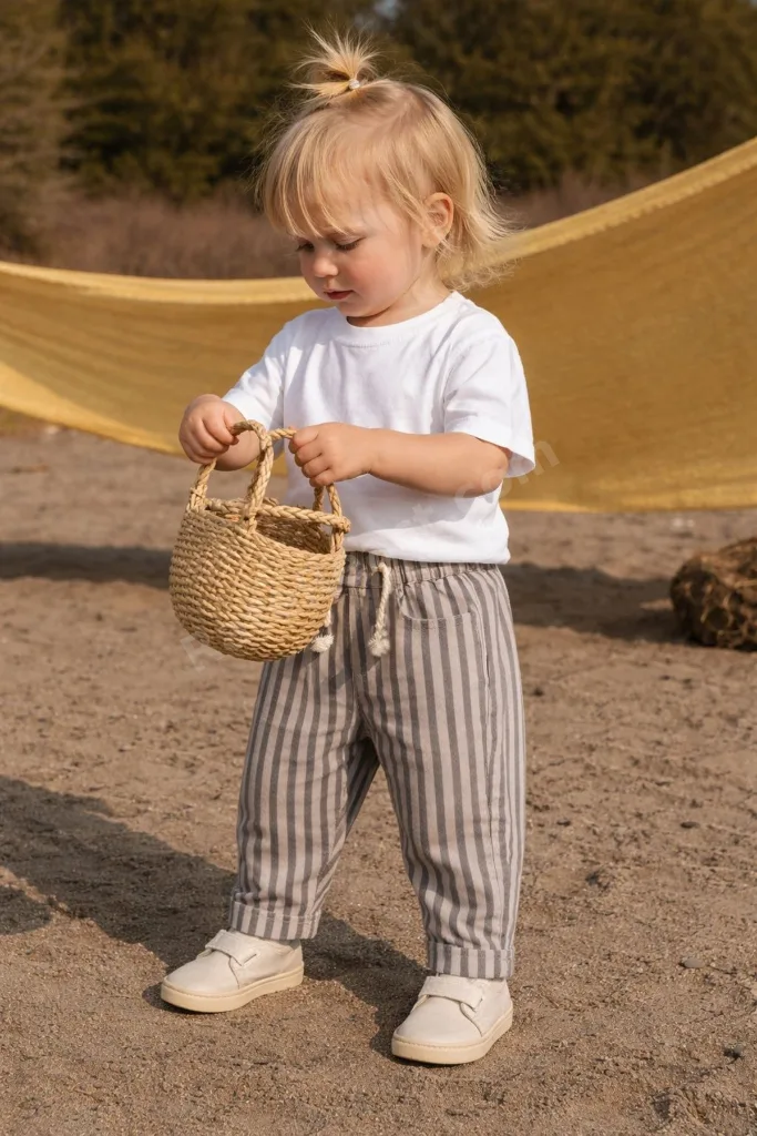 UNISEX BEBEK&ÇOCUK PAMUKLU HAM KOT ÇİZGİ BASKILI PANTOLON + BEZ ÇANTA