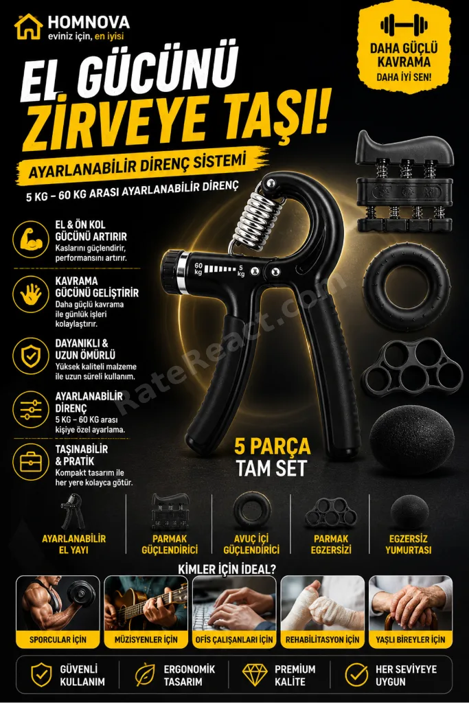 5 Parça El Kol Bilek Güçlendirici Set 5-60 Kg Ayarlanabilir El Yayı Direnç Egzersiz Aleti + Stres Topu