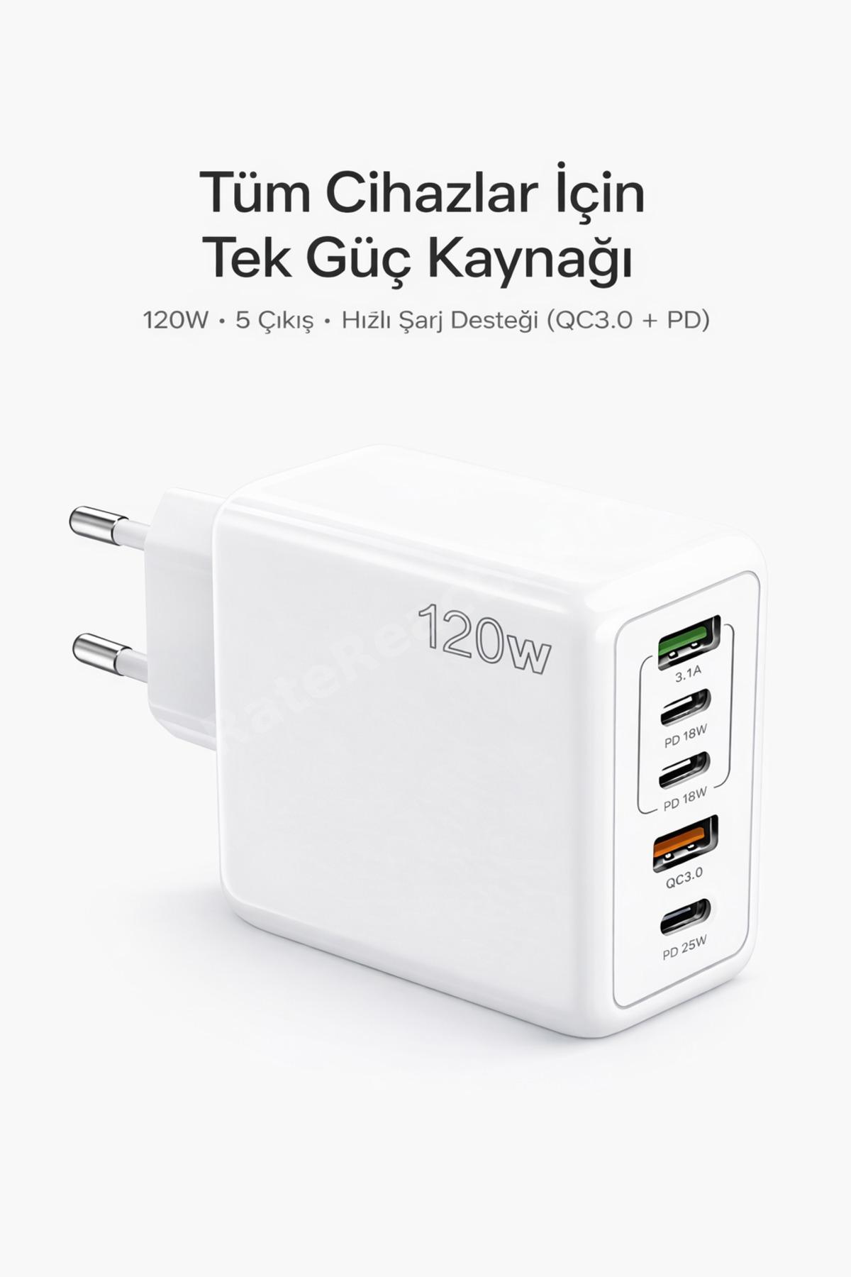 120W Çok Portlu Hızlı Şarj Adaptörü | 2 USB-A + 3 Type-C (PD) Şarj Cihazı