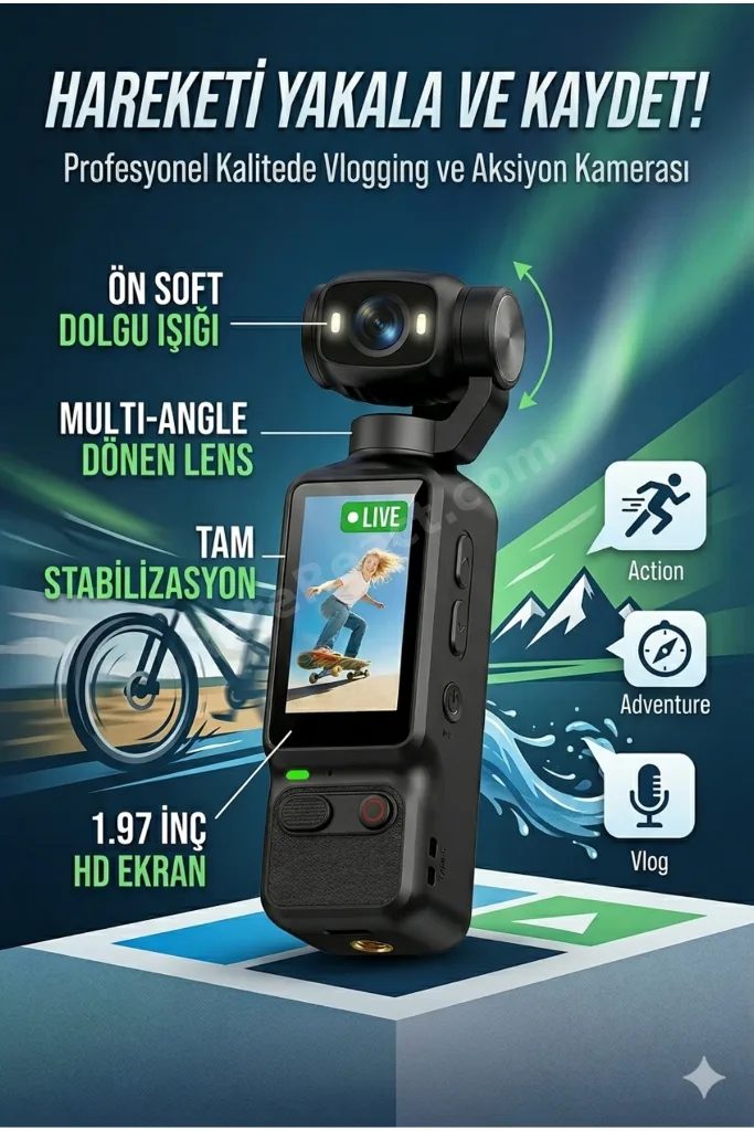 El Tipi Akıllı Aksiyon Kamerası - 1800mAh Batarya, Soft Dolgu Işıklı, Type-C Dijital Vlog Kamerası