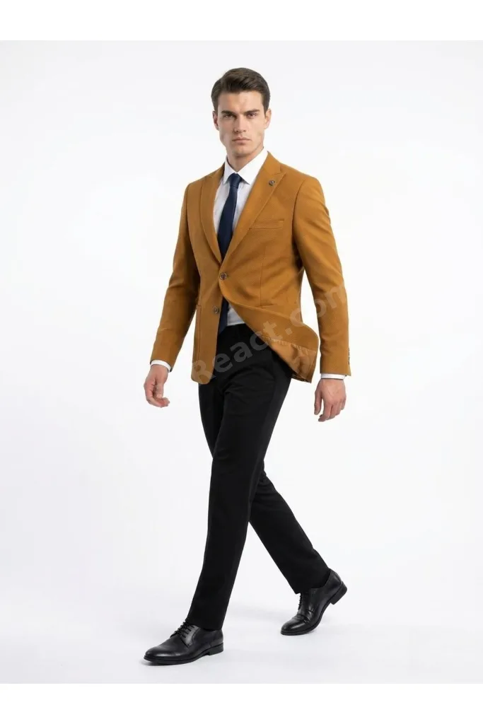 Erkek 6 Drop SlimFit Sivri Yaka Camel Ceket Premium Kumaş Özel Kalıp 1640-004