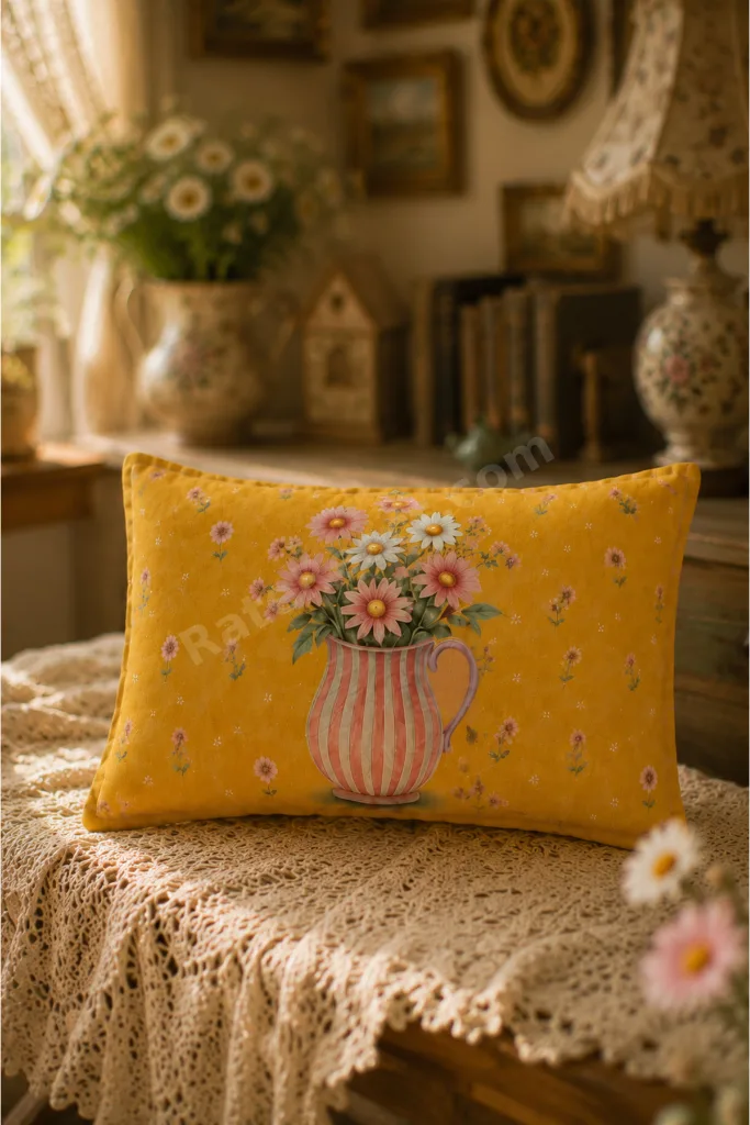 Vintage Retro Çiçek Desenli 2'li Dekoratif Kırlent Kılıfı Seti 30x50 cm Fermuarlı Dijital Baskı