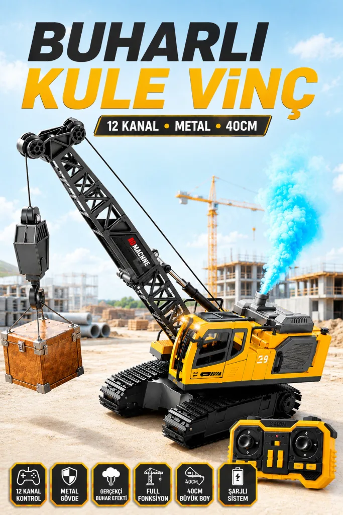 Uzaktan Kumandalı Buharlı Kule Vinç 40cm - 12 Kanal Metal Şarjlı İş Makinesi Oyuncağı