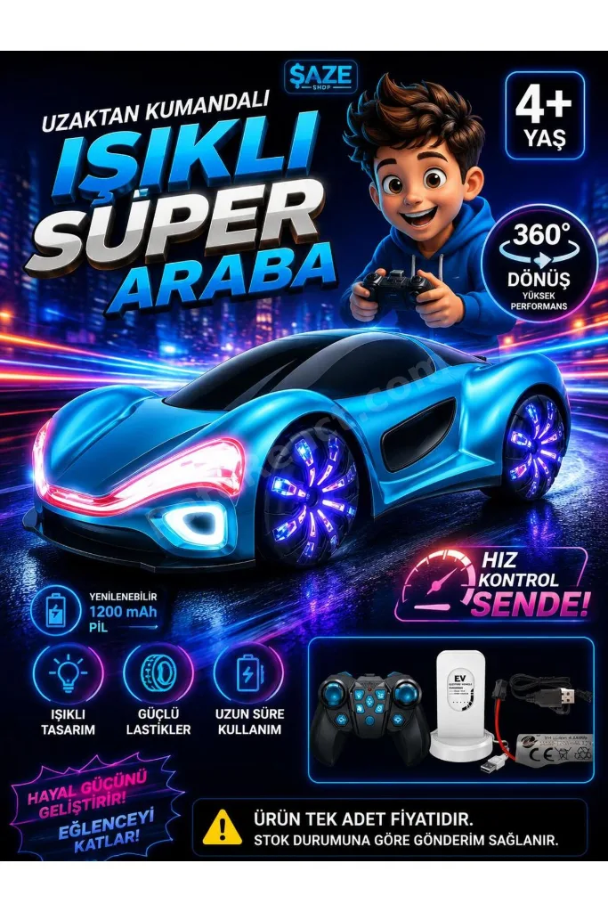 Uzaktan Kumandalı Işıklı Drift Araba Şarjlı RC Spor Araba 360° Dönen 4+ Yaş