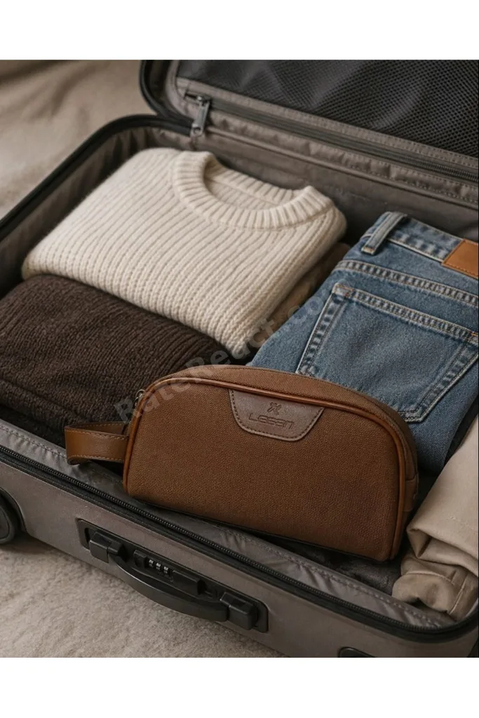 Açık Kahverengi Erkek Bakım Çantası – Deri Görünümlü Seyahat Organizer Dopp Kit Tıraş ve Kozmetik Çantası 8376