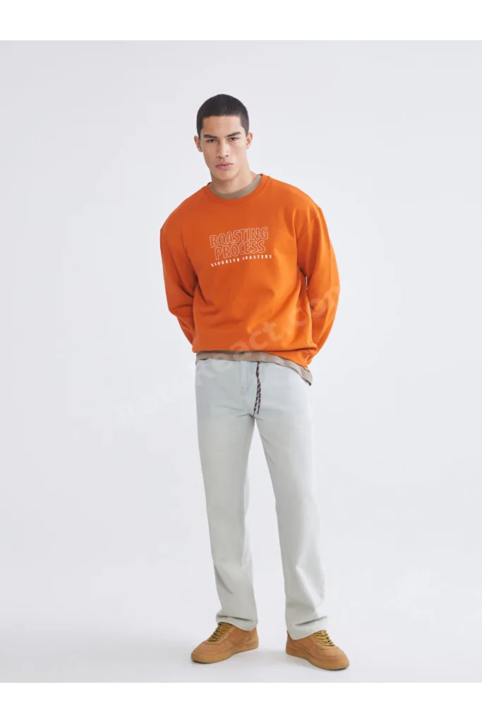 Turuncu Bisiklet Yaka Baskılı Erkek Kalın Sweatshirt