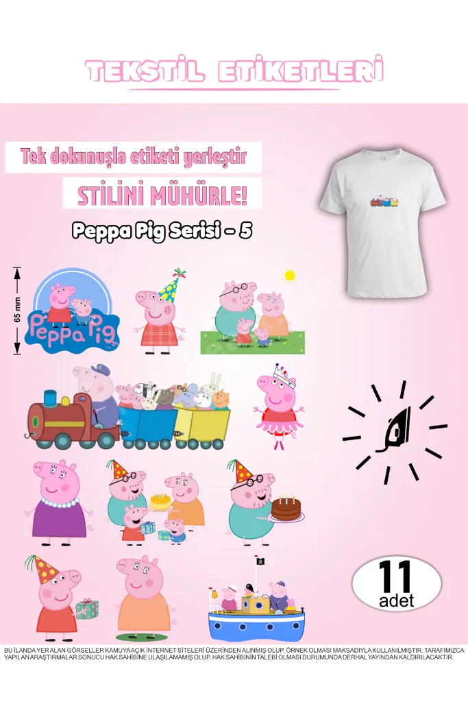 Ütü ile Yapışan Kıyafet Etiketi Peppa Pig Serisi -5 11Li Set