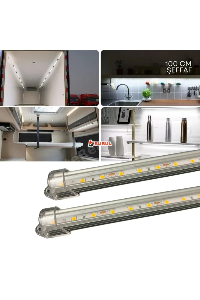 2 Adet Alüminyum Kasa Çubuk Led 12 Volt Beyaz Işık 100 Cm Şeffaf Karavan Tekne Otomobil Sb-6550