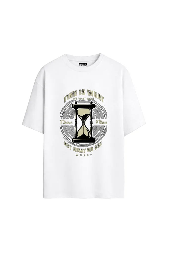 Time Flies Baskılı PREMİUM Bisiklet Yaka %100 Pamuk kısa kollu Oversize Tshirt E-015