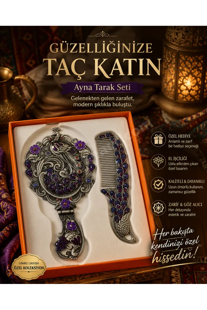 Vintage Tavus Kuşu Desenli Ayna & Tarak Seti – Dekoratif Hediyelik Kadın Bakım Seti