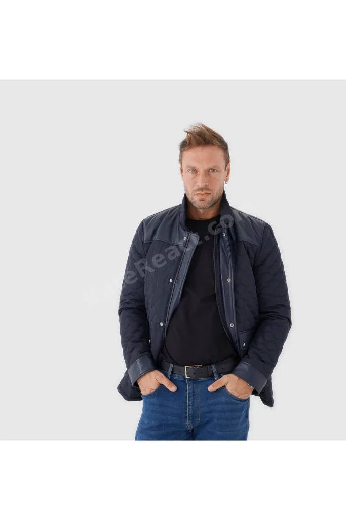 Lacivert Hakiki Deri Erkek Kapitone Deri Mont [810015]
