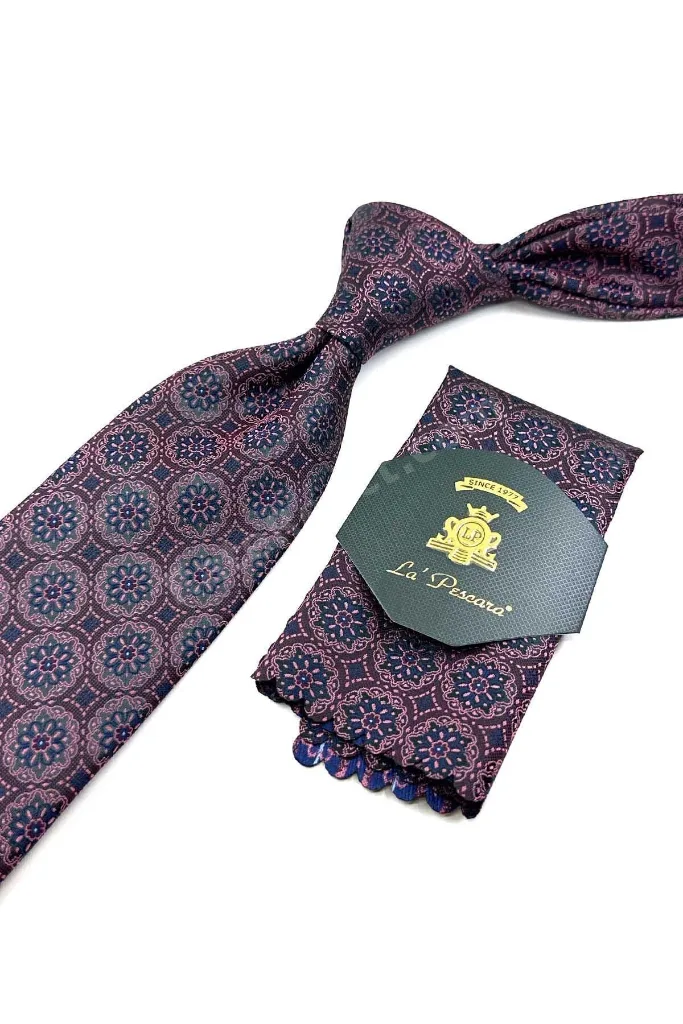 Mürdüm Motif Desen Mendilli Klasik Kravat KK12674