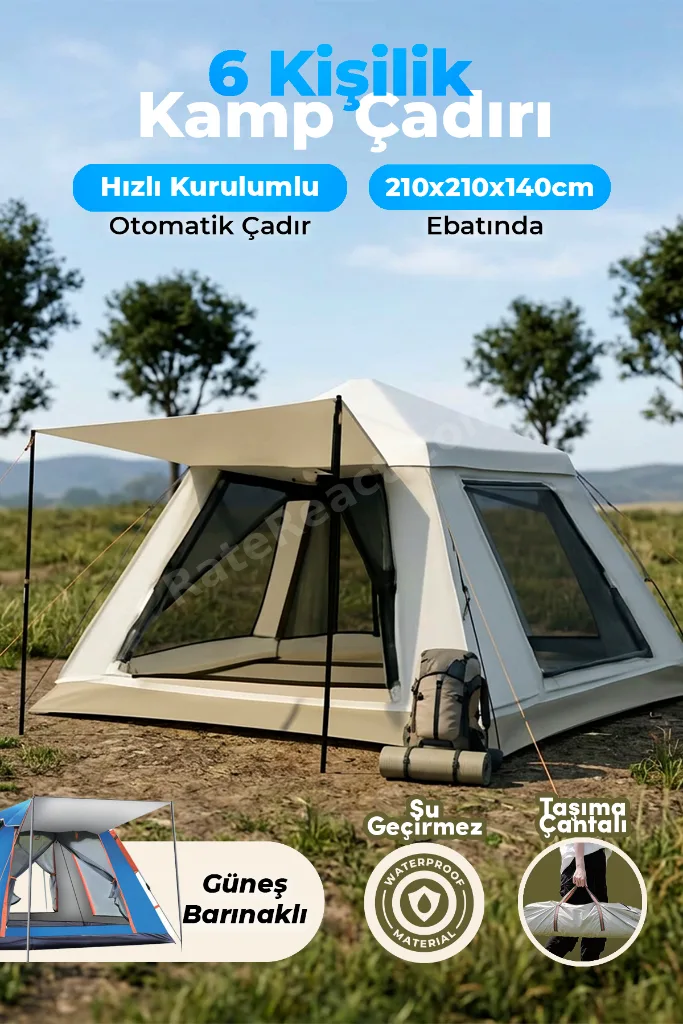 Outdoor AC6636 6 Kişilik Otomatik Kamp Çadırı Krem 210x210x140 cm | Su Geçirmez Oxford Kumaş |