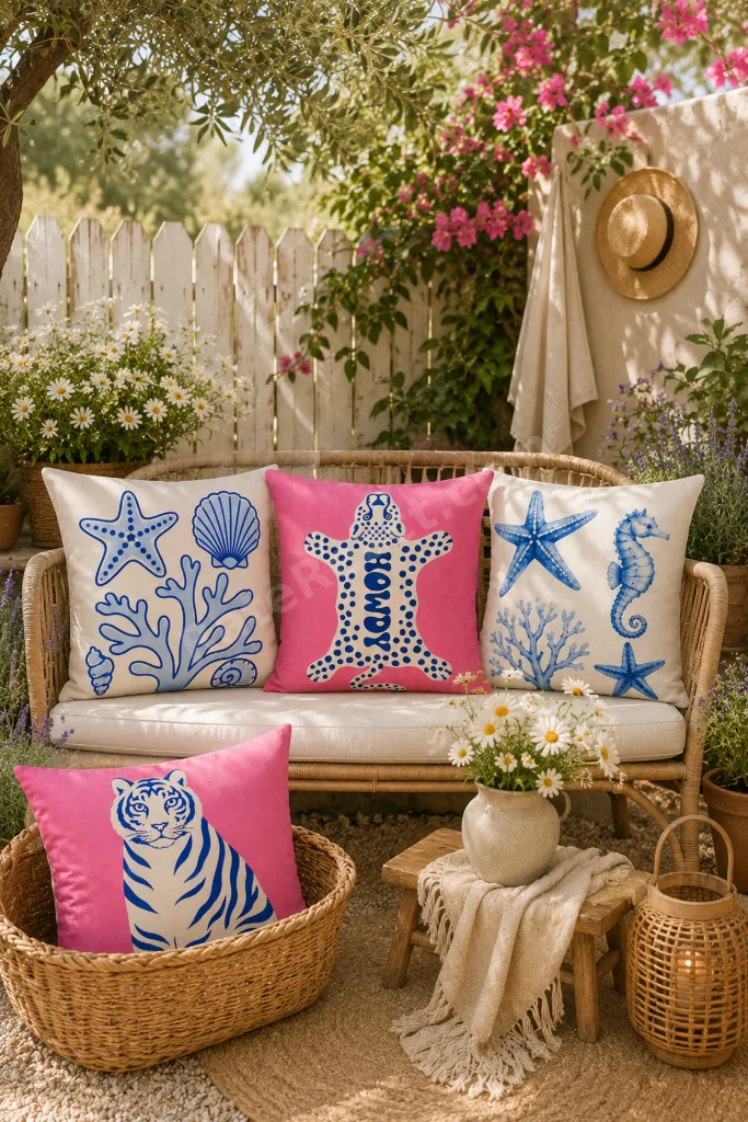 Pink Blue Deniz Temalı Kırlent Kılıfı Seti, Modern Marine Dekoratif Yastık Kılıfı(ÇİFT TARAFLI)