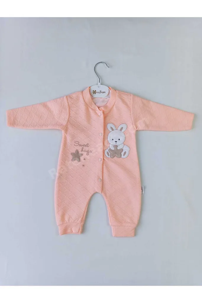 Unisex Bebek Jakarlı Ayıcık Nakışlı Pamuklu Tulum - 1-6 Ay Yenidoğan Manşetli Bebek Tulumu