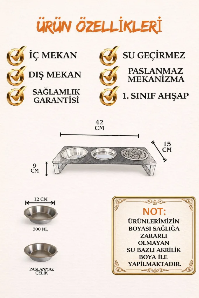 Kedi Mama Su Kabı Seti – 10° Eğimli Standlı 3’lü Çelik Mama Kabı, Kediler İçin