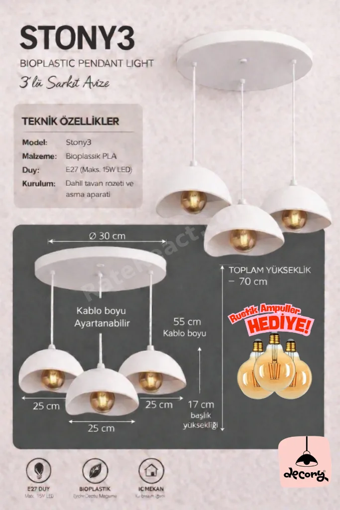 Beton Görünümlü 3'lü Sarkıt Avize, İskandinav Tarzı Bohem Sarkıt Avize (Bioplastik) E27