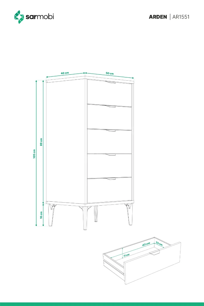 Arden 5 Çekmeceli Şifonyer/Çamaşırlık 50x105x40 cm Antrasit – Modern Tasarım
