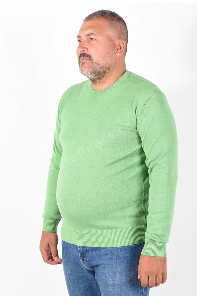 Erkek Fıstık Yeşili Büyük Beden Bisiklet Yaka Pamuklu Kazak