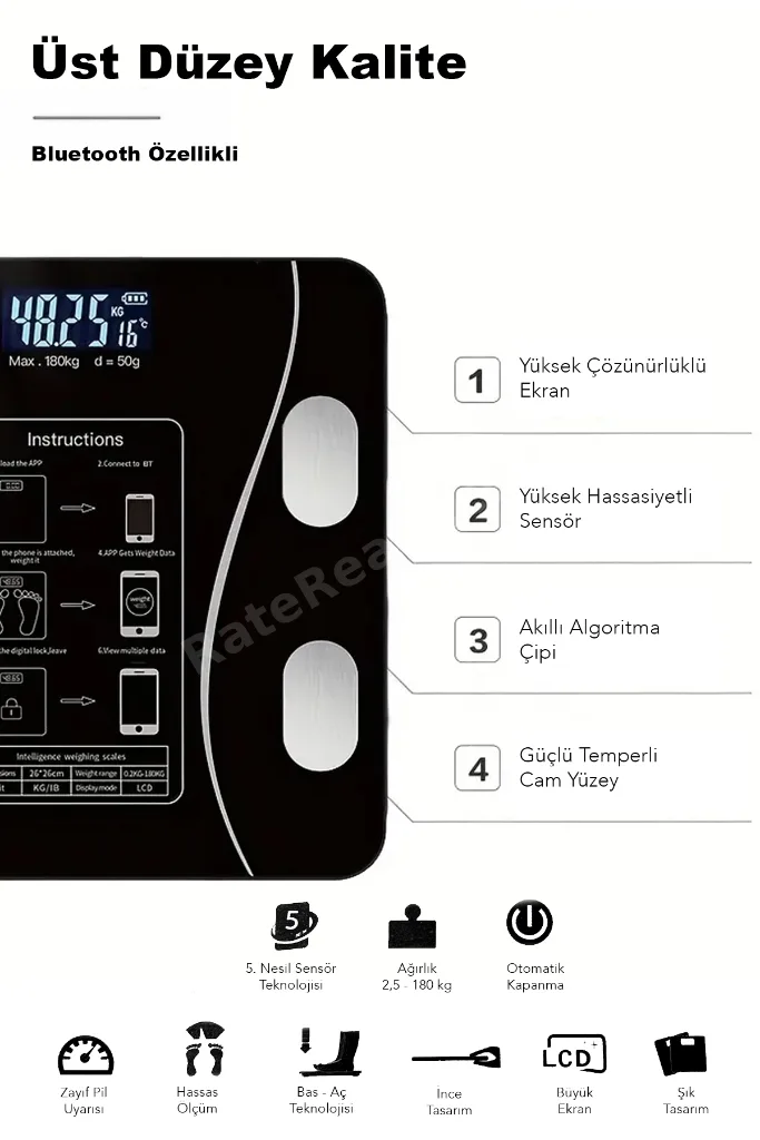 Dijital Bluetooth Baskül - Yağ Su Kas Vücut Kitle Endeksi Kilo Ölçer Tartı Vücut Analiz Cihazı Siyah