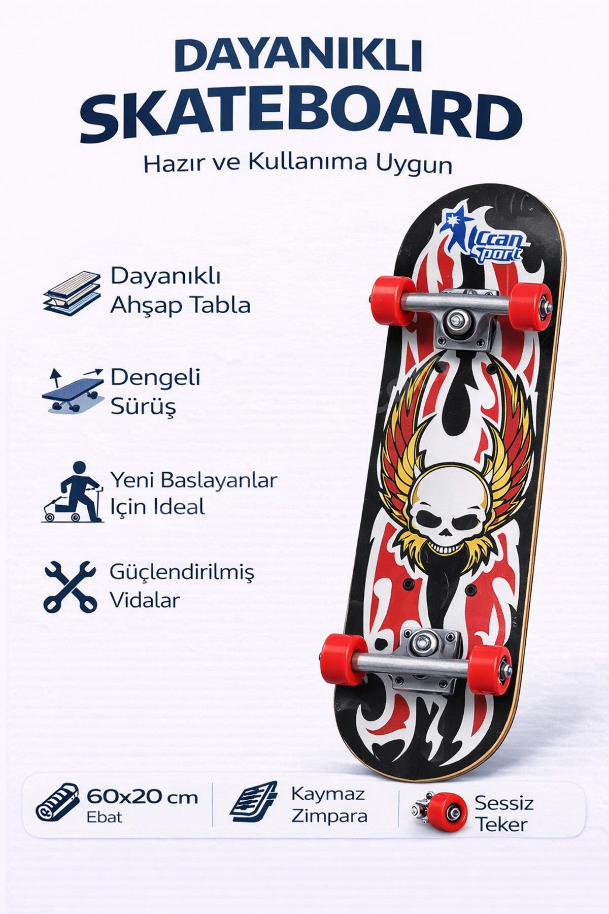 Kaykay Kanatlı Kuru Kafa Desenli 60x20 cm | Dayanıklı Ahşap Tabla | Kaymaz Zımpara | Dengeli Sürüş