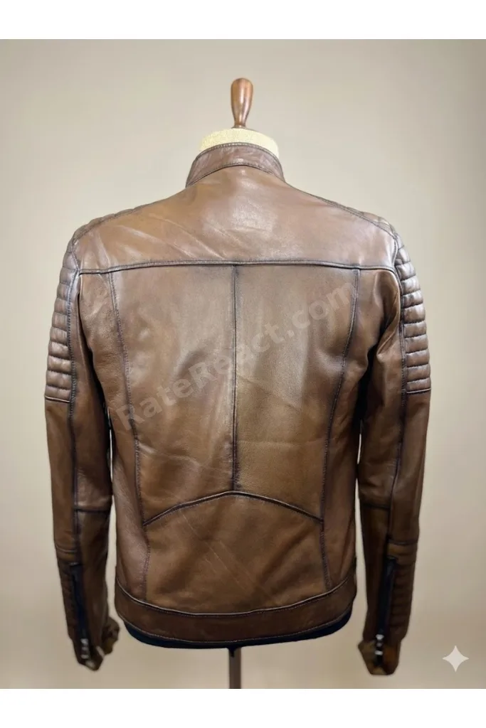 Hakiki Deri Kahverengi Eskitme Biker Erkek Mont - Kapitoneli Slim Fit Deri Ceket