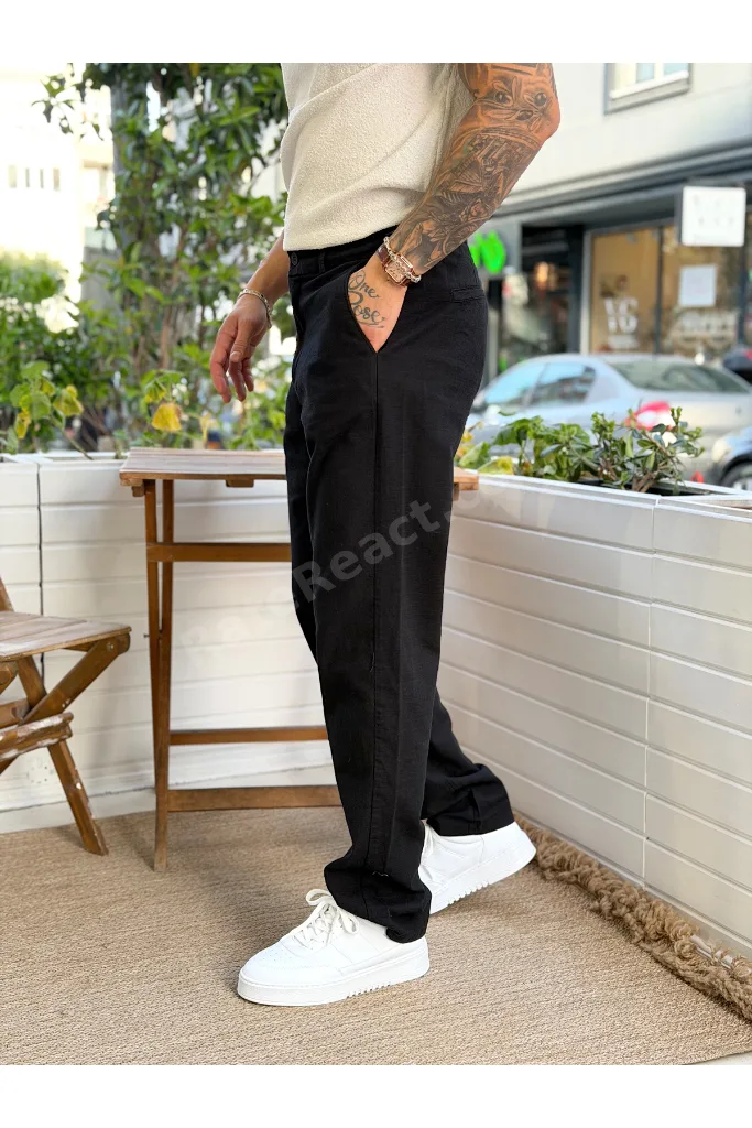 Regular Kalıp Keten Pantolon Siyah