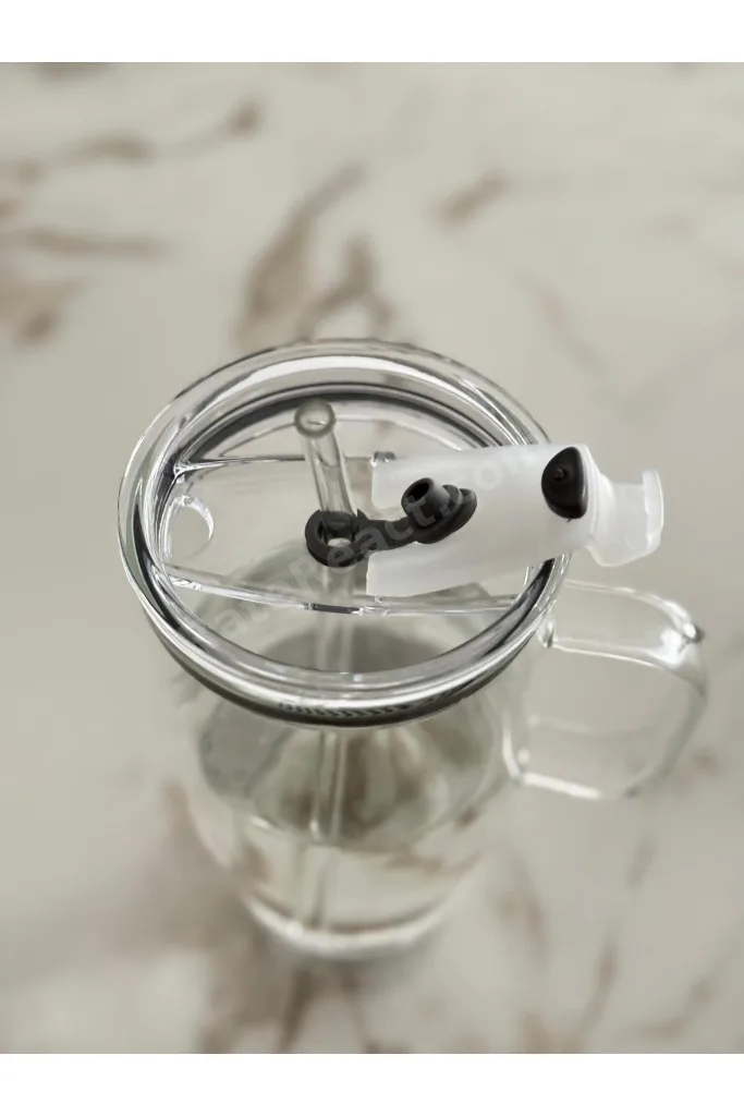 1200 ml Büyük Boy Cam Termos – Sızdırmaz Mika Kapaklı, Cam Pipetli Bardak