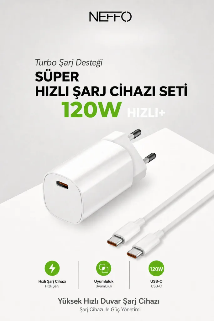 120W Süper Hızlı Şarj Cihazı Seti USB-C Turbo Adaptör