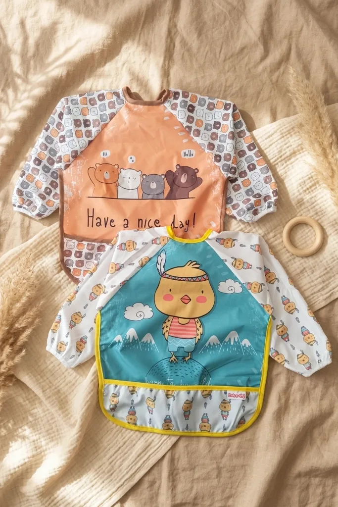 Uzun Kollu Su Geçirmez Bebek Mama Önlüğü 2'li Set -6-24 Ay Blw Uyumlu, Leke Tutmaz, Ayıcık Ve Civciv