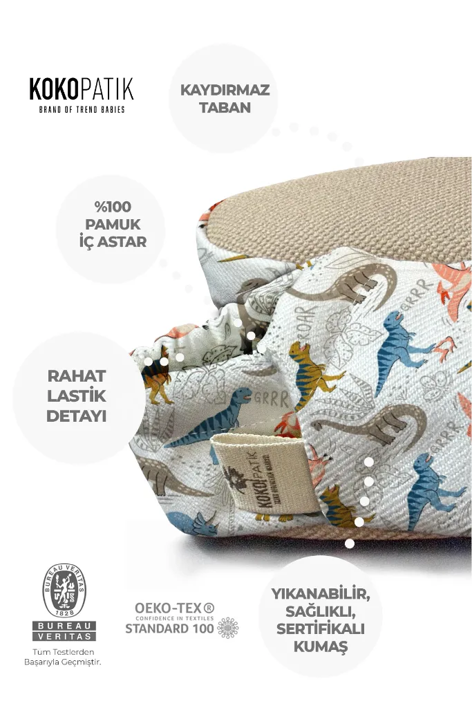 Dino Park Desen Patik-Organik Pamuk Bebek Patiği, Kaydırmaz Taban, Yenidoğan Patik
