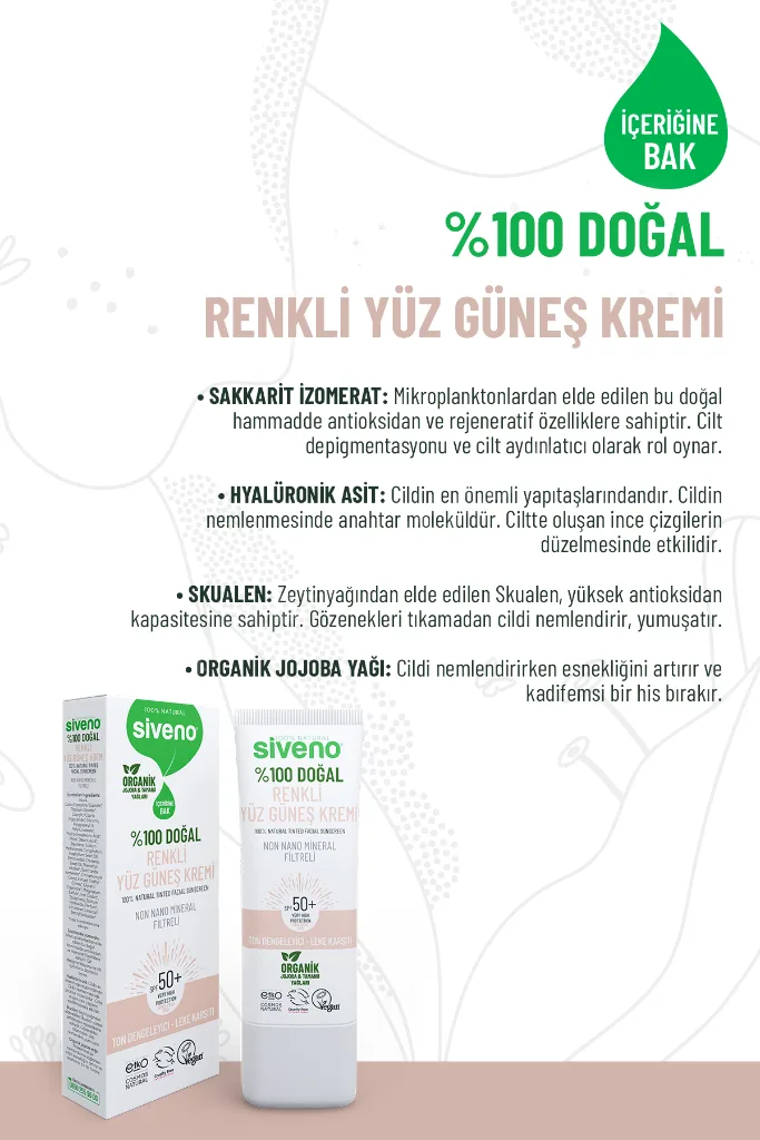 %100 Doğal Yüz Güneş Kremi Renkli Ton Eşitleyici Leke Karşıtı SPF 50+ UVA UVB 30 ml