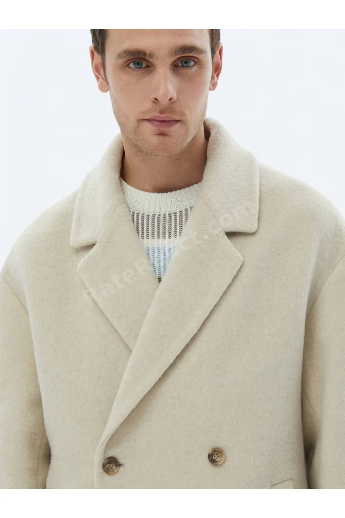 Açık Bej Oversize Fit Kruvaze Yaka Klasik Dokuma Palto
