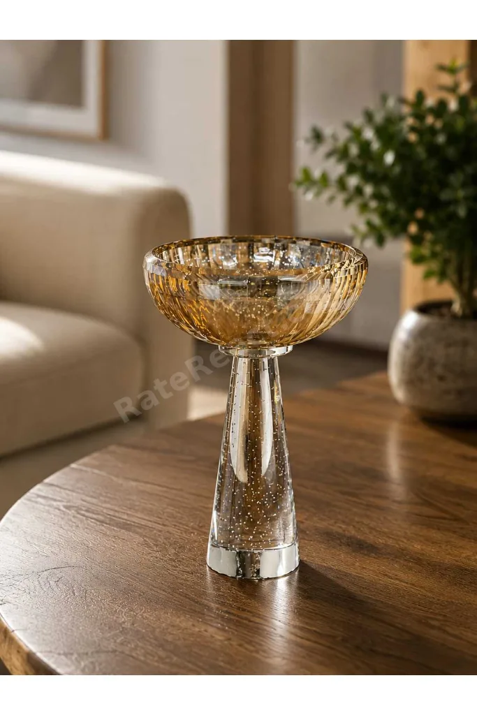 DF Amber Ayaklı Dekoratif Cam Kase | Modern Salon ve Masa Dekoru