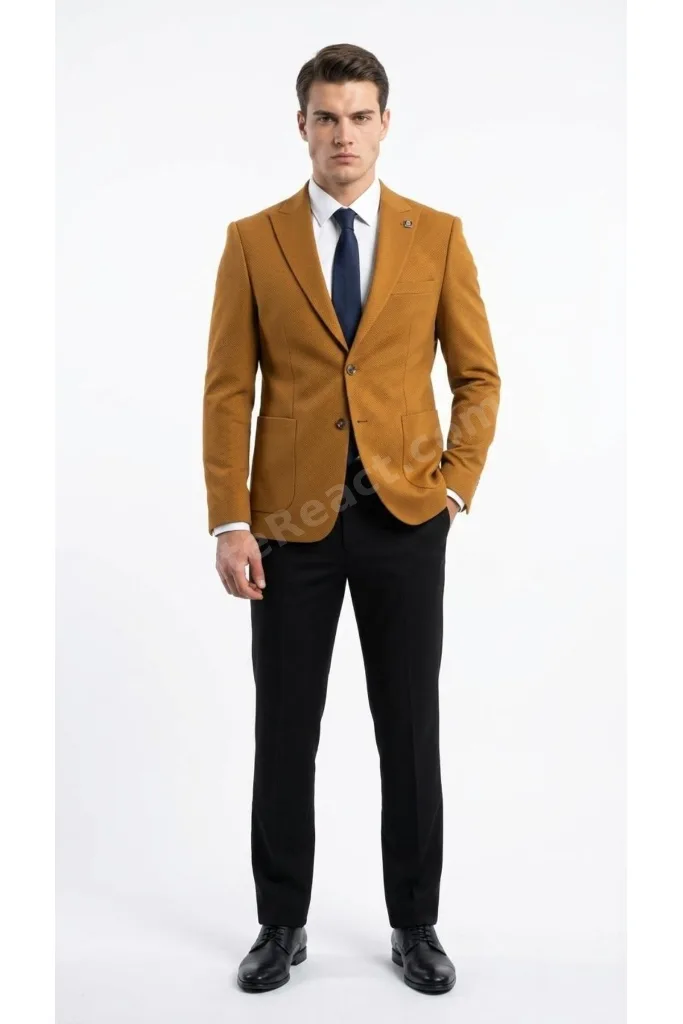 Erkek 6 Drop SlimFit Sivri Yaka Camel Ceket Premium Kumaş Özel Kalıp 1640-004