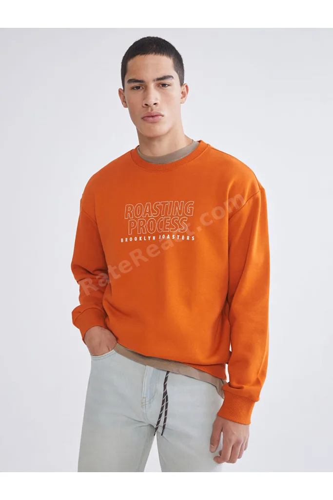 Turuncu Bisiklet Yaka Baskılı Erkek Kalın Sweatshirt
