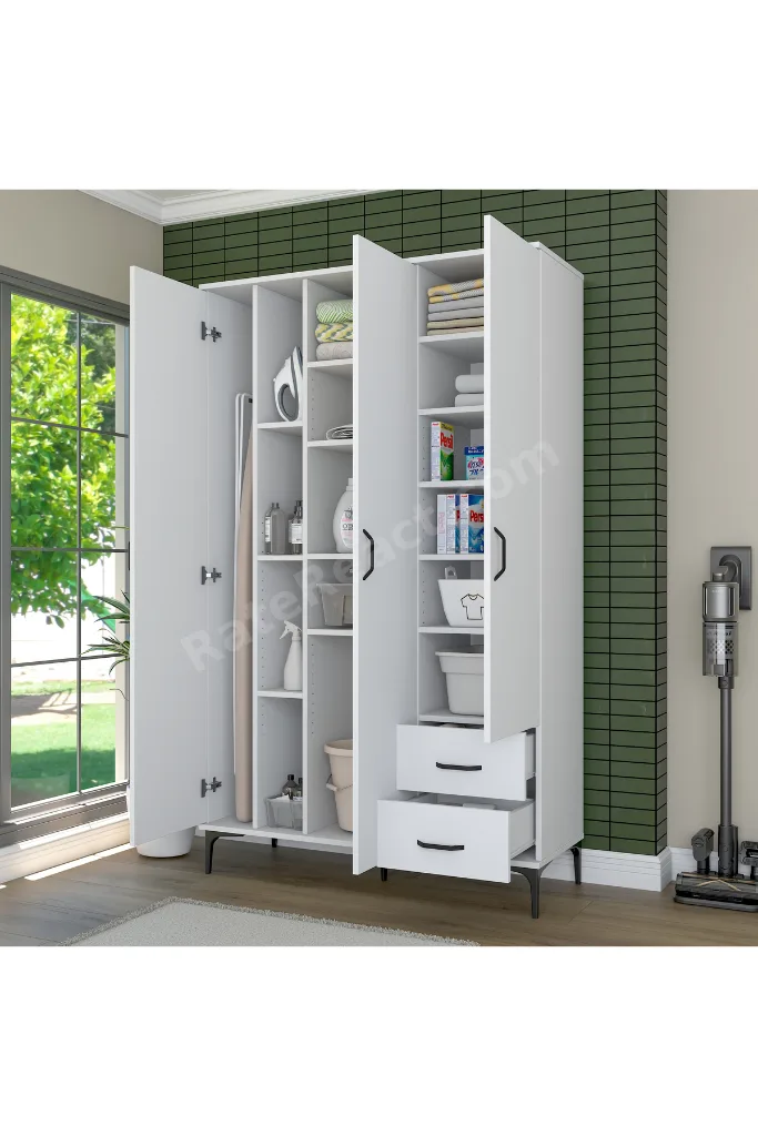 Rani KC105 Banyo Dolabı 3 Kapaklı 13 Raflı 2 Çekmeceli Çok Amaçlı Dolap Beyaz