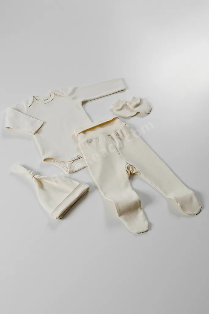 Pure 4 Parça Bebek Uzun Kollu Pamuk Bodysuit Pijama Takımı Yenidoğan Mini Set Çocuk Hediye Seti
