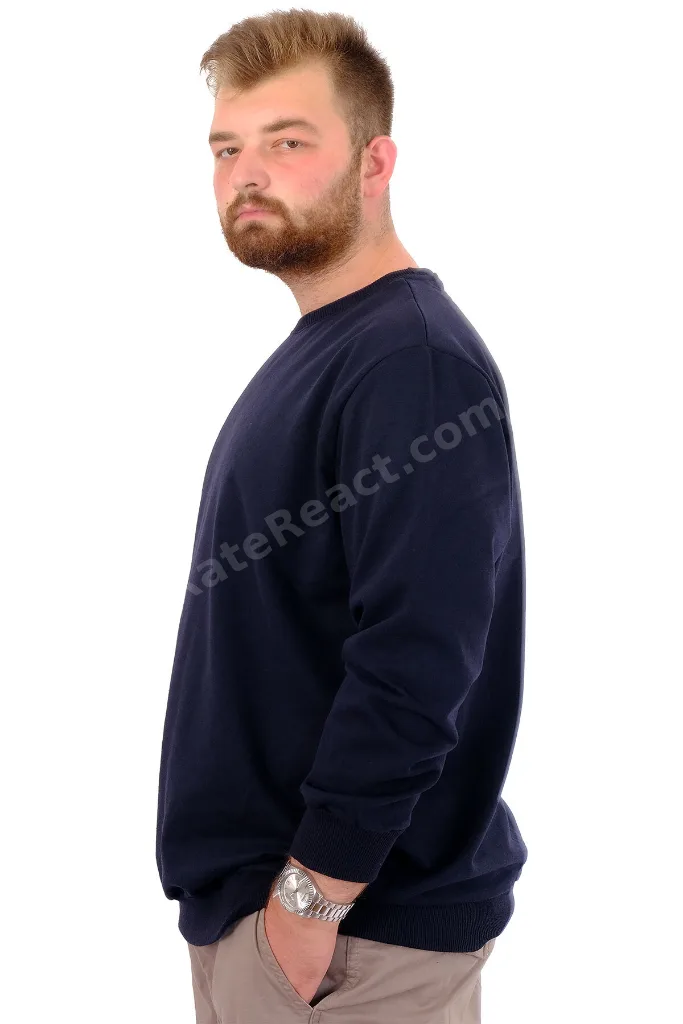 Mode XL Büyük Beden Erkek Basic Sweatshirt Bisiklet Yaka Recycle B24529 Lacivert