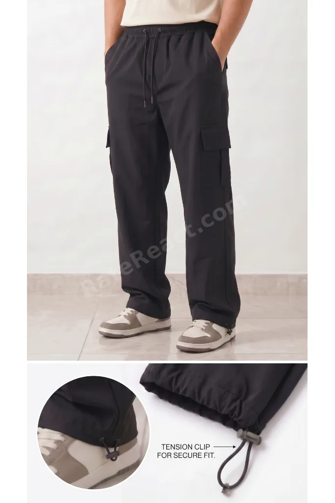 Erkek Siyah Paraşüt Kumaş Komando Cepli Klipsli (Ayarlanabilir paça) Baggy Eşofman Alt