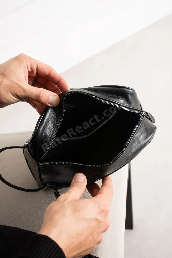Siyah Hakiki Deri Erkek Tıraş el Portföy&Clutch Bakım Çantası