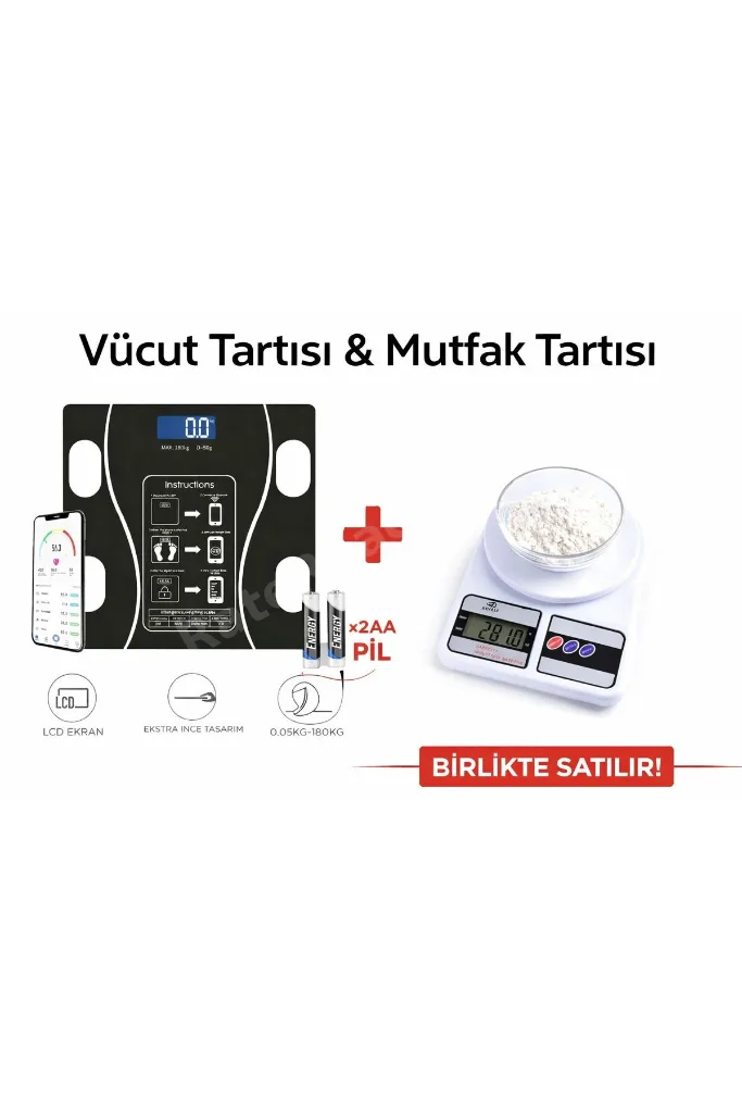 Spor Diyet 2 Li Set Akıllı Dijital Vücut Tartısı+Hassas Mutfak Tartısı Seti LCD Ekran 180 Kg / 10 Kg